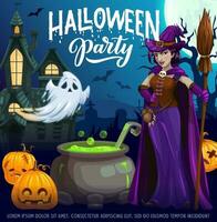 Halloween party cartoon vector poster with witch