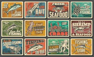 Seafood vector retro posters, fishing catch, bait