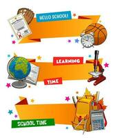 Back to school ribbon banners, education supplies vector