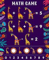Math game worksheet, African giraffes and flowers vector