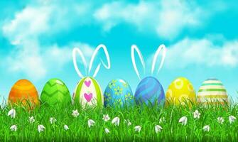 Happy Easter holidays with grass, eggs rabbit ears vector