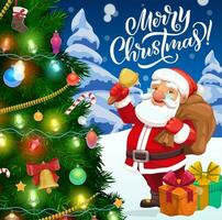 Santa with Xmas bell and gifts near Christmas tree vector