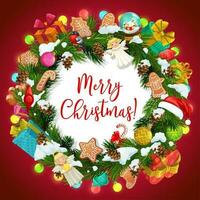 Christmas gifts, Xmas tree, snow and balls wreath vector