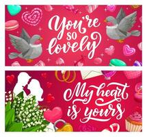 Valentines Day banners, love holiday gifts, hearts vector