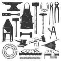 Blacksmithing, ironworks and forging tools icons vector