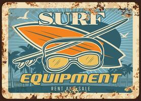 Surf equipment rusty metal plate, surfing boards vector