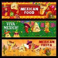 Mexican fiesta holiday party, cartoon characters vector