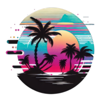 Colorful sunset on the tropical island. Beautiful ocean beach with palms and yacht illustration png