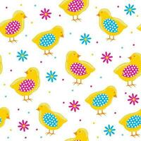 Seamless pattern of Colorful Easter Chicks and Flowers- Easter Vector Design
