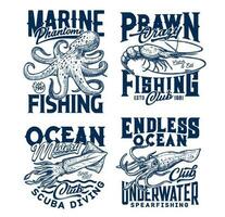 Tshirt print with vector sketch underwater animals