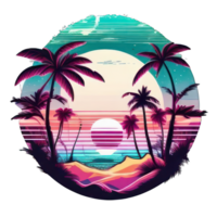 färgrik solnedgång på de tropisk ö. skön hav strand med palmer och Yacht illustration ai generativ png