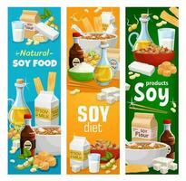 Soybean and soy vegan products vector banners set