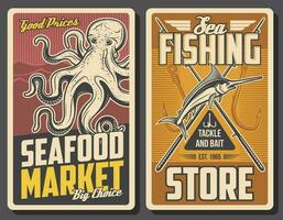 Seafood market and fishing store vector poster