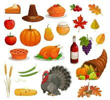 Thanksgiving autumn holiday turkey, food, pilgrim vector