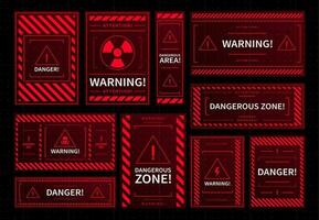 Danger and dangerous zone warning red frames, HUD vector