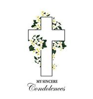 Funeral vector card with cross and white flowers