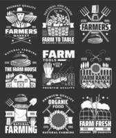 Organic farm, farmer market products icons vector