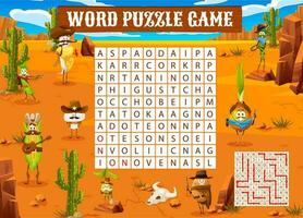 Word search puzzle game, cartoon cowboy vegetables vector