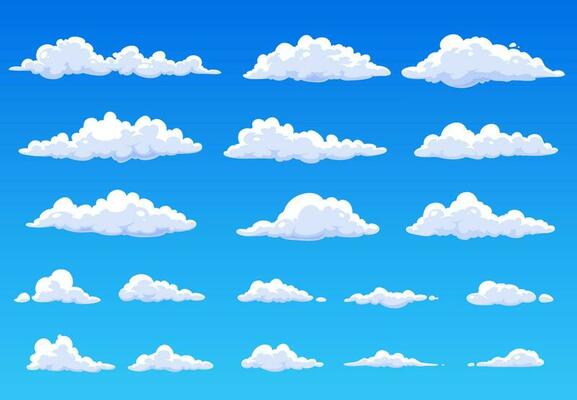 Cartoon fluffy isolated clouds in blue sky heaven