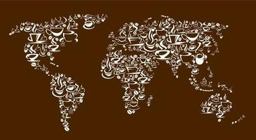 Steaming coffee cups, pots, beans vector world map