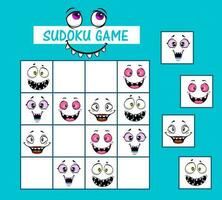 Sudoku kids game vector riddle with cartoon faces