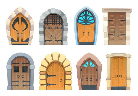 Cartoon gates and doors, wooden and stone entries