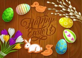 Easter vector poster with painted eggs, flowers