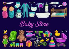 bebé almacenar, juguetes comercio, recién nacido niños regalos y cuidado vector
