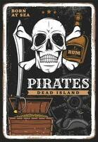 Pirates poster, vintage skull, treasure and rum vector