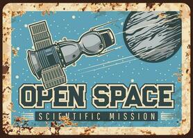 Satellite open space scientific mission tin poster vector