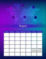 Us letter paper size vector futuristic monthly planner calendar August 2022 week starts on Sunday. Vertical technology organizer, habit tracker with world map and cubes. Colorful modern illustration.