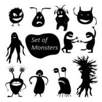 Set of funny cute silhouette creatures. Isolated Critters hand-drawn. Design for print on t-shirts. All monsters are grouped. vector