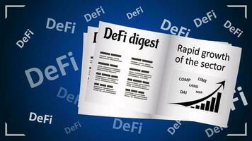 periódico con Noticias acerca de el creciente mercado con defi descentralizado finanzas. en un oscuro azul fondo, el blanco texto defi son dispersado caóticamente. vector eps10.
