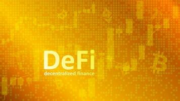 Defi decentralized finance on golden background with graphs and coin symbols. An ecosystem of financial applications and services based on public blockchains. Vector EPS 10.