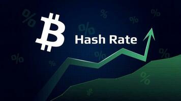 Bitcoin BTC hash rate has increase. Bitcoin symbol with green up arrow. Mining power has grown. Vector illustration.