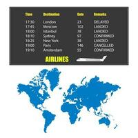 Information board with flight schedule and filled world map isolated on white. World map in blue. On the scoreboard text and plane. Vector EPS10.