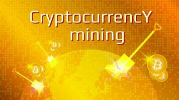 Cryptocurrency mining text, planet earth with shovels and bitcoin coins on a gold background. Mining digital gold. Vector EPS10.