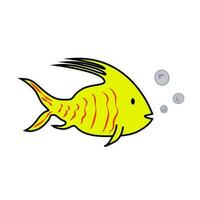 Yellow sea fish with a long upper fin and red stripes. Air bubbles. Isolated on white. Vector EPS10.