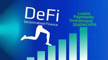 Defi runs up the columns of the chart on the blue background. The system of decentralized loans and investments is gaining momentum. Vector EPS10.