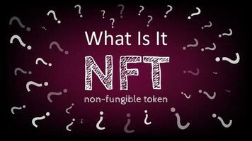 What is it NFT non fungible token with question marks around text on dark red background. vector