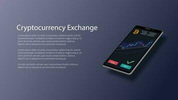 Website header mockup for cryptocurrency exchange with realistic isometric smartphone with stock chart and bitcoin icon on screen. Vector EPS10.