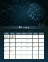 nosotros letra papel Talla vector futurista mensual planificador calendario febrero 2022 semana empieza en domingo. vertical tecnología organizador, hábito rastreador. vistoso moderno ilustración.