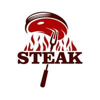 Steak grill icon, barbecue meat on fork and fire vector