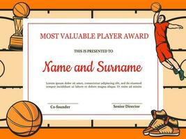 certificado para baloncesto más valioso jugador vector