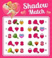Kids game shadow match with Valentine cupid vector