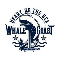 Tshirt print with whale and anchor on sea waves vector