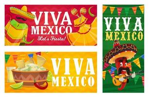 Viva Mexico banner, Mexican food, pepper, sombrero vector