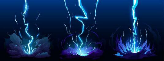 Cartoon blue lightning thunder, storm thunderbolts vector