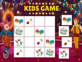 Kids maze game, circus sudoku with clown and tamer vector