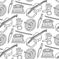 The pattern of the elements of the theme of the weekend in the contour style. Monochrome contour cello, bow, knife, target, typewriter, hand. Black and white background with Halloween elements. Print vector